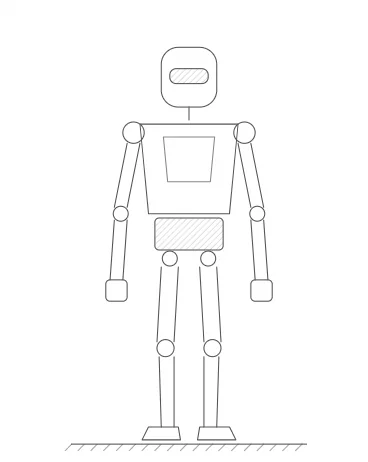 Line drawing of the robot standing, front elevation