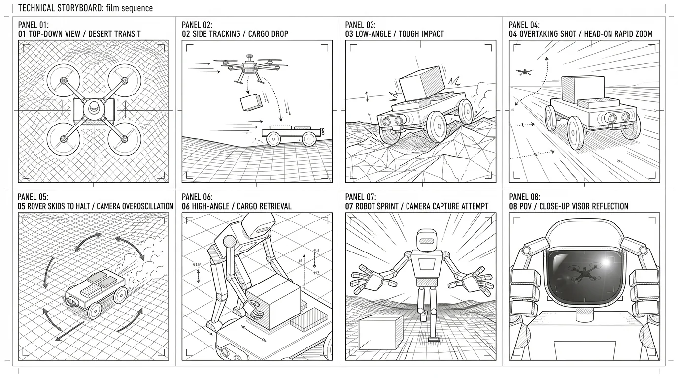 An eight-panel storyboard: the drone in transit, the cargo drop, the car on rough ground, an overtaking shot, a hard stop, the robot retrieving the cargo, a sprint and a visor reflection